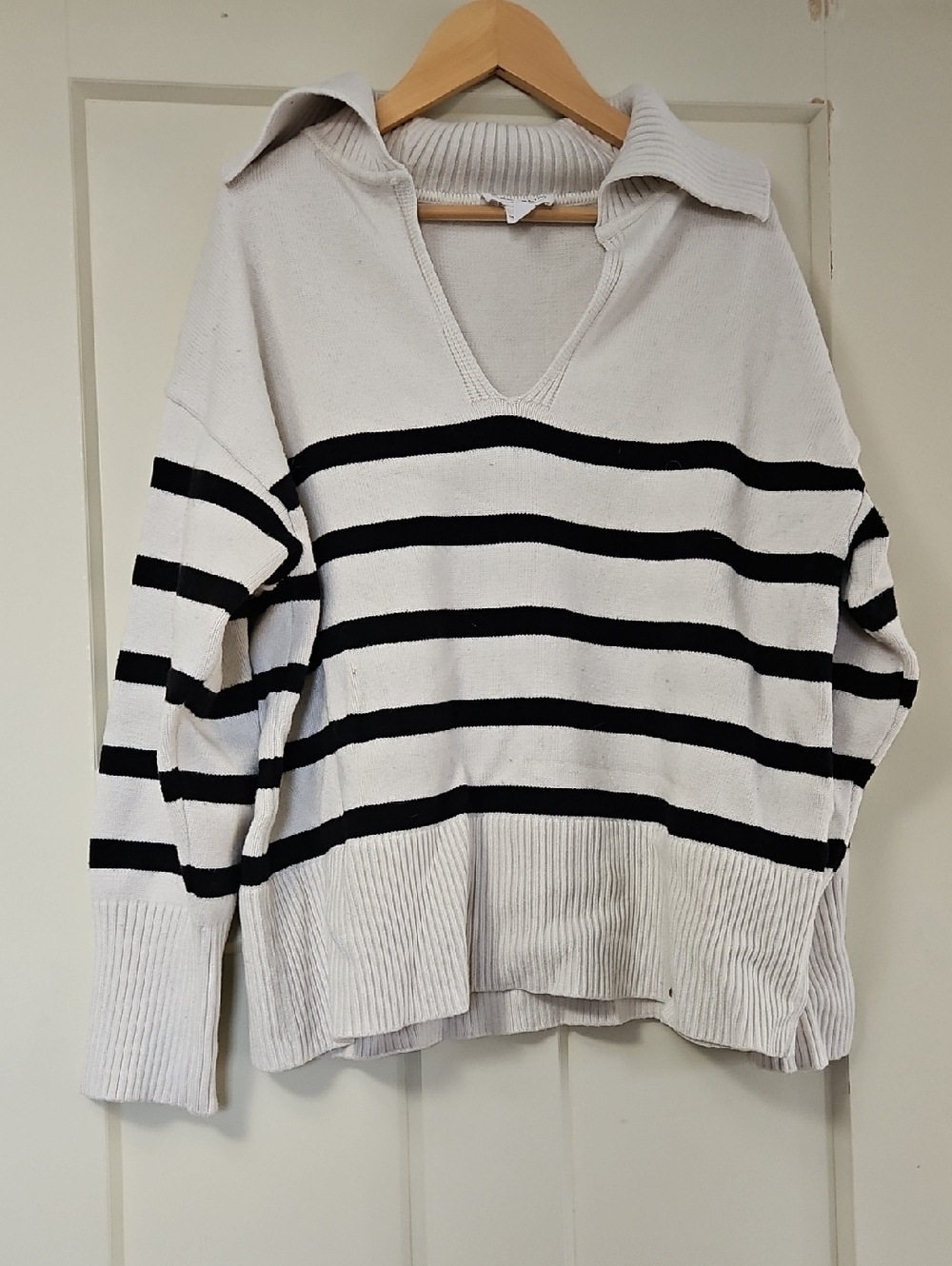 For The Republic White and Black Striped V-Neck Collared Sweater